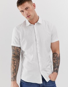 Белая приталенная рубашка из смешанного льна с короткими рукавами Selected Homme-Белый