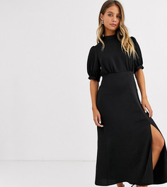 Черное атласное платье миди с высоким воротом и разрезом New Look-Черный