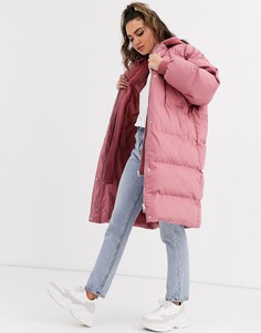 Розовое длинное дутое пальто с трикотажным капюшоном Missguided-Розовый