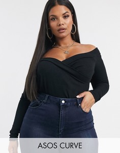 Черное боди с открытыми плечами и запахом ASOS DESIGN Curve-Черный