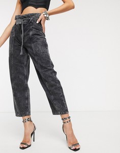 Черные джинсы с завязывающимся поясом Bershka-Серый