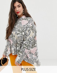 Свободная атласная блузка от комплекта с принтом Neon Rose Plus-Кремовый