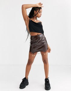 Полиуретановая мини-юбка с искусственным жемчугом ZYA-Коричневый цвет З&Я