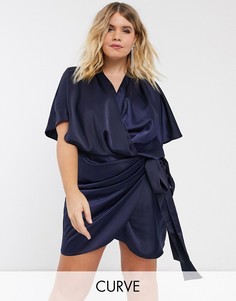Платье мини с запахом и завязкой в стиле кимоно ASOS DESIGN Curve-Темно-синий