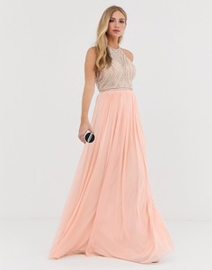 Декорированное платье макси с американской проймой и юбкой-трапецией Jovani-Розовый