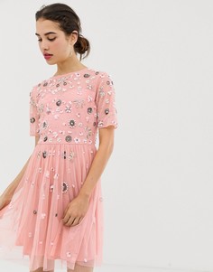 Платье мини с короткими рукавами и декоративной отделкой AngelEye-Розовый