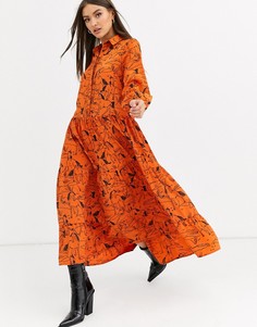 Чайное ярусное платье макси с принтом Neon Rose-Оранжевый
