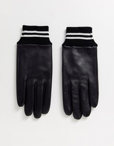 Черные кожаные перчатки с полосатыми манжетами в рубчик ASOS DESIGN-Черный