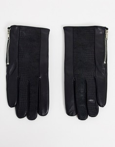 Черные кожаные перчатки со вставкой под кожу крокодила ASOS DESIGN-Черный