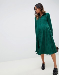 Платье-рубашка миди в горошек с юбкой в складку Glamorous Bloom-Зеленый