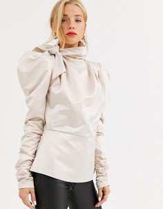 Атласная блузка в винтажном стиле со структурированными рукавами Dusty Daze-Кремовый