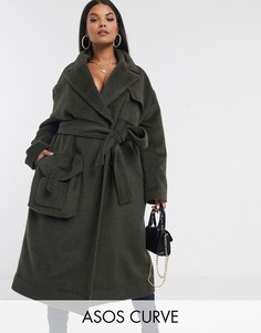 Пальто цвета хаки в стиле милитари ASOS DESIGN Curve-Зеленый