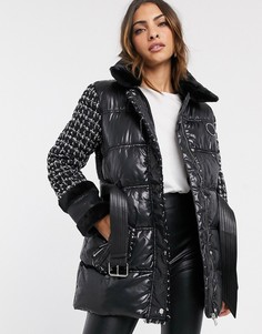 Черная дутая куртка с поясом River Island-Черный
