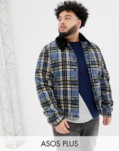 Вельветовая куртка Харрингтон в клетку с воротником из искусственного меха ASOS DESIGN Plus-Синий