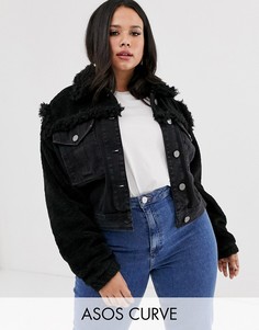 Черная джинсовая куртка с отделкой из искусственного меха ASOS DESIGN Curve-Черный