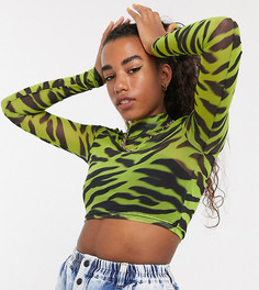 Кроп-топ с длинными сетчатыми рукавами и размытым принтом \"зебра\" COLLUSION-Черный