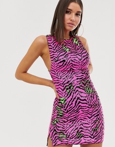 Платье мини с отделкой двухцветными пайетками и контрастным узором \"зебра\" Club L London-Мульти