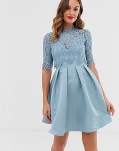 Короткое приталенное платье с рукавами 3/4 и кружевной отделкой Little Mistress-Голубой