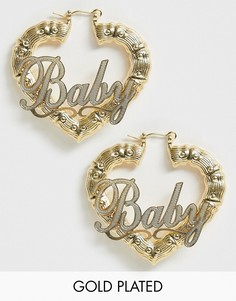 Массивные позолоченные серьги-кольца в виде сердец с эффектом бамбука и надписью \"baby\" Image Gang-Золотой