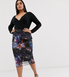 Сетчатая юбка миди с разрезом и галактическим принтом Rokoko Plus-Фиолетовый