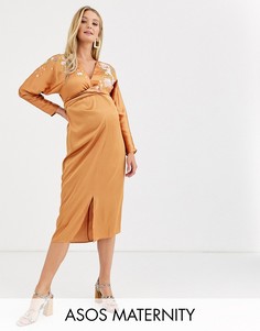 Платье миди с рукавами \"летучая мышь\" и цветочной вышивкой ASOS DESIGN Maternity-Оранжевый