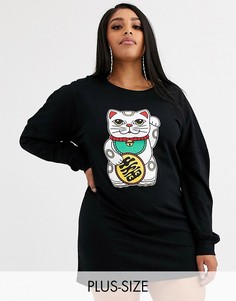 Платье-футболка в стиле oversize с длинными рукавами и принтом \"lucky cat\" Rokoko Plus-Розовый