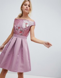 Платье для выпускного со спущенными плечами и отделкой пайетками Little Mistress-Розовый