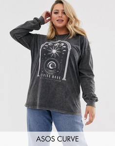Футболка с длинными рукавами и принтом с выбеленным эффектом ASOS DESIGN Curve-Серый