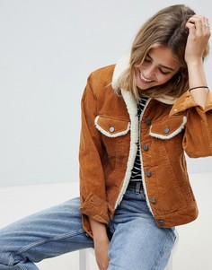 Красно-бурая вельветовая куртка с воротником из искусственного меха ASOS DESIGN-Светло-бежевый