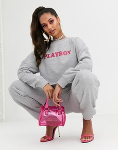 Серый короткий свитшот от комплекта с надписью "Playboy" Missguided