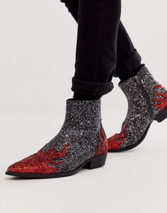 Черные ботинки челси в стиле вестерн на кубинском каблуке с блестящим принтом в виде пламени ASOS DESIGN-Черный