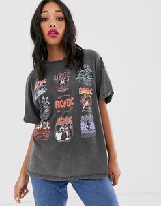 Серая выбеленная футболка с принтом \"AC/DC\" Bershka-Черный