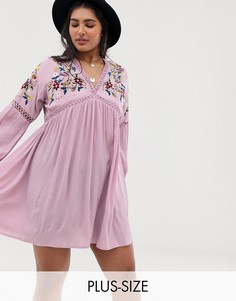 Платье с длинными рукавами, цветочной вышивкой и кружевными вставками En Creme Curve-Фиолетовый