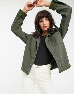Джинсовая куртка цвета хаки с воротником из искусственного меха FAE-Зеленый