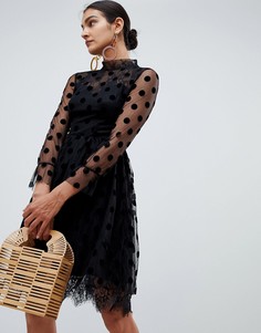Платье миди с длинными рукавами и принтом в горошек AngelEye-Черный