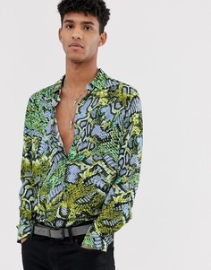 Неоново-зеленая рубашка классического кроя со змеиным принтом ASOS DESIGN-Зеленый