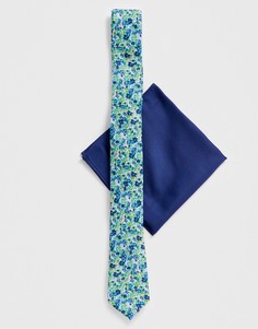 Узкий галстук с цветочным принтом и темно-синий платок для нагрудного кармана ASOS DESIGN wedding-Мульти