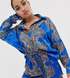 Комбинируемая синяя атласная рубашка с платочным принтом Missguided Petite-Мульти