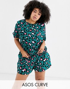 Трикотажная футболка и шорты со звериным принтом ASOS DESIGN Curve-Мульти