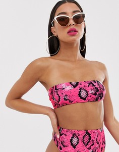 Комбинируемый розовый бикини-топ бандо со змеиным принтом ASOS DESIGN