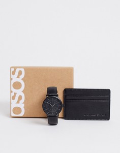 Подарочный набор с часами и черным кожаным кошельком для карт ASOS DESIGN-Черный