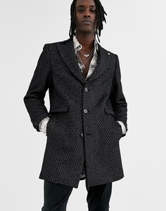 Черное фактурное пальто с бархатными лацканами Twisted Tailor-Черный