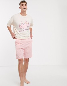 Розовые пижамные шорты и oversize-футболка с принтом ASOS DESIGN-Розовый