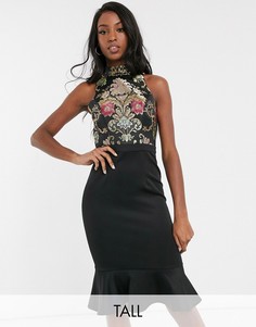 Платье миди 2 в 1 с жаккардовым топом и баской Chi Chi London Tall-Черный