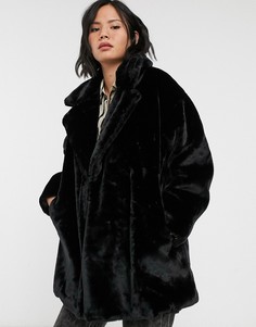 Пальто из искусственного меха с шалевым воротником Monki-Черный