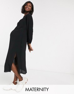 Черное чайное платье миди с длинными рукавами и разрезом New Look Maternity-Черный