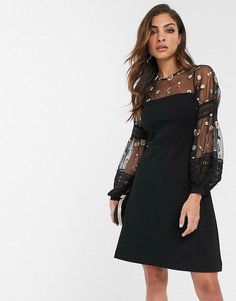 Платье мини с вышивкой и пышными рукавами French Connection-Черный