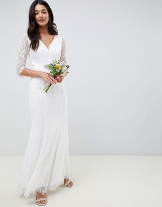 Белое свадебное платье макси с длинными рукавами и отделкой камнями Little Mistress-Кремовый
