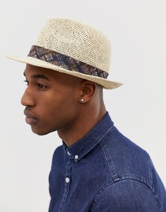 Светло-бежевая соломенная шляпа с винтажным принтом на ленте ASOS DESIGN-Белый