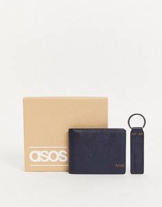 Кожаный бумажник и брелок темно-синего цвета ASOS DESIGN-Темно-синий